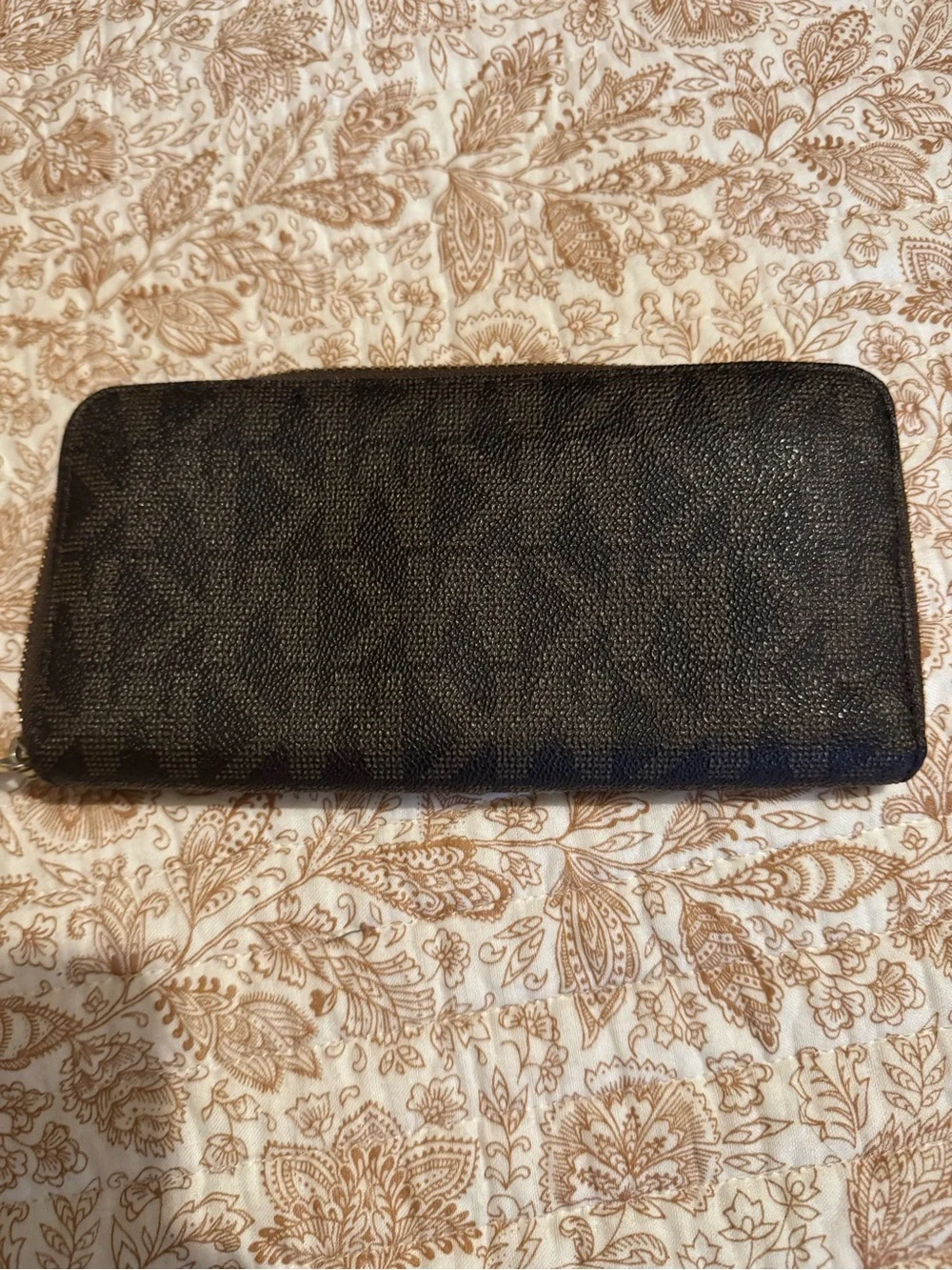 Michael Kors Dark Brown MK Signature Zip Wallet with Gold Plaque